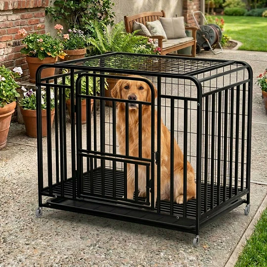Jaula Corral para Perro y Gato Grande Petscool, Doble puerta, Bandeja y Ruedas