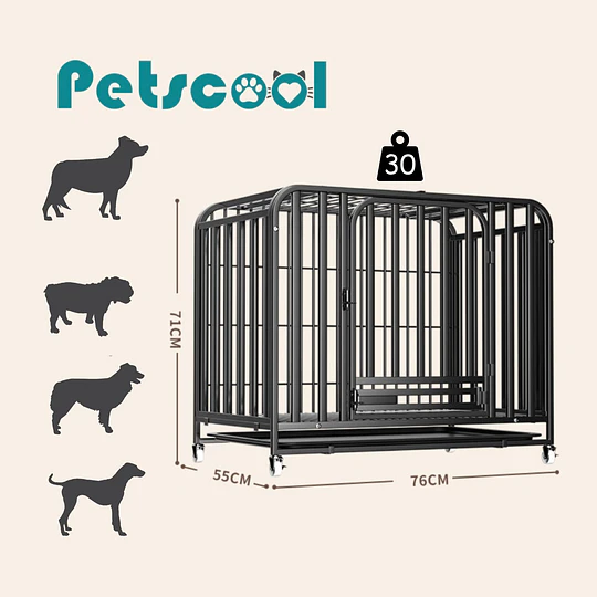 Jaula Corral para Perro y Gato Grande Petscool, Doble puerta, Bandeja y Ruedas