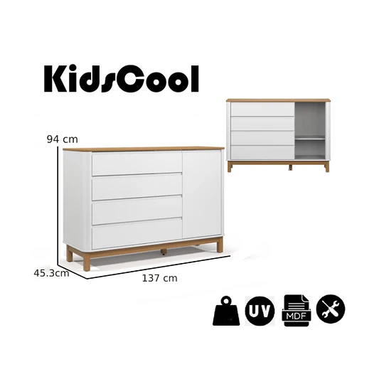Cómoda Mudador Infantil Kidscool Flow Blanca Eco Wood 4 Cajones 1 Puerta - Producto Armado en Tienda
