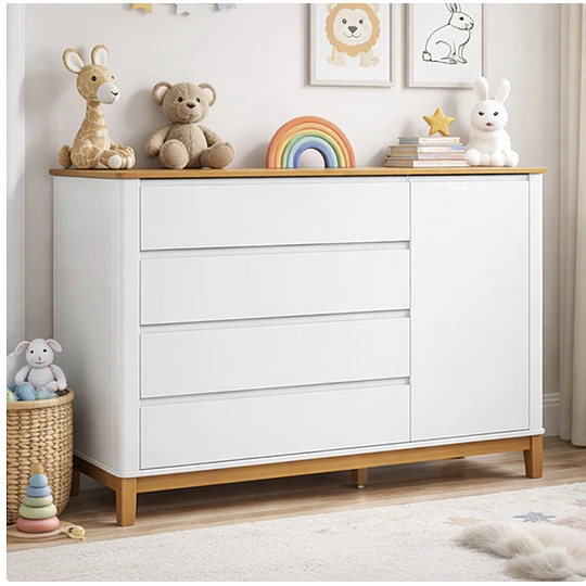 Cómoda Mudador Infantil Kidscool Flow Blanca Eco Wood 4 Cajones 1 Puerta - Producto Armado en Tienda