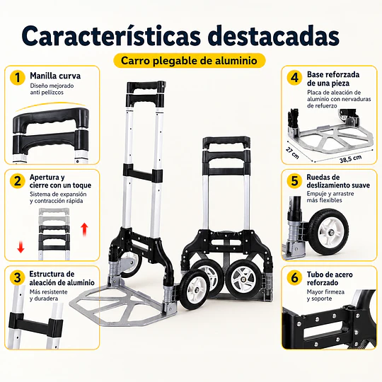 Carro Yegua De Carga Plegable Aluminio Be Design Ruedas De Goma 100 X 38.5 X 27 cm 