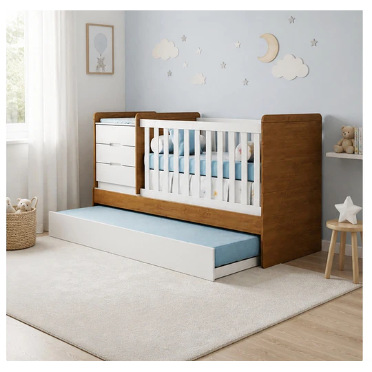 Cuna Multifuncional Evolutiva Cleo Blanco y café Kidscool- Producto con Detalle