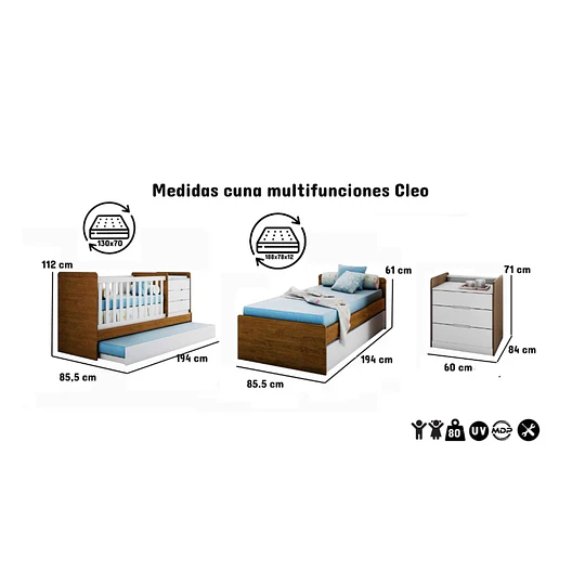 Cuna Multifuncional Evolutiva Cleo Blanco y café Kidscool- Producto con Detalle