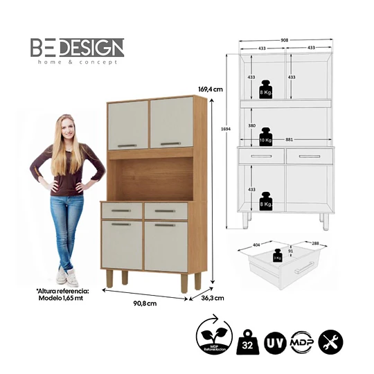 Mueble de Cocina Alacena Despensa Pop Plus Canela Arena 169.4x90.8x36.3 cm MDP Be Design- Producto con Detalle