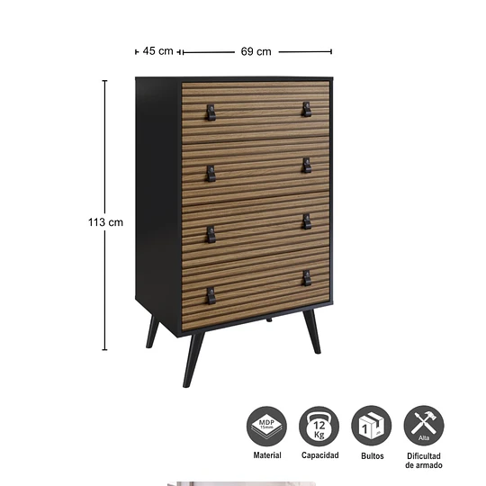 Cómoda Amber 4 Cajones Negro/Brise - Producto con Detalle