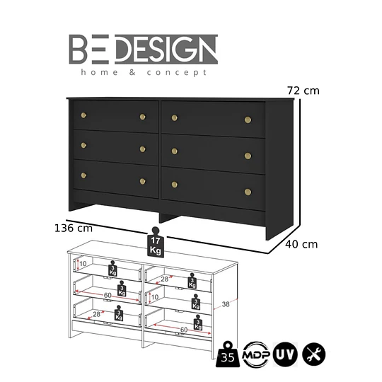 Comoda Duplex 6 Cajones Negro - Producto con Detalle