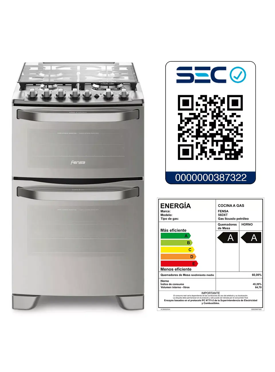 Cocina a Gas 4 Platos Fensa Doble Horno Timer Digital 56 DXT 2