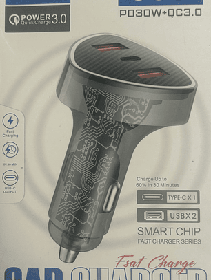 CARGADOR AUTO CON ENTRADAS TIPO  C   Y   USB  66W