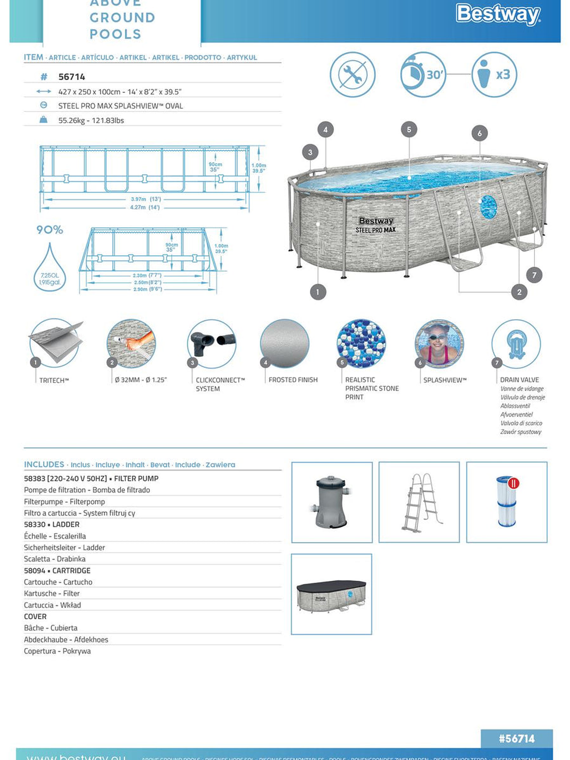 Piscina Bestway Ovalada Ventana Filtro+Acces 4.27X2.50X1.00M 4