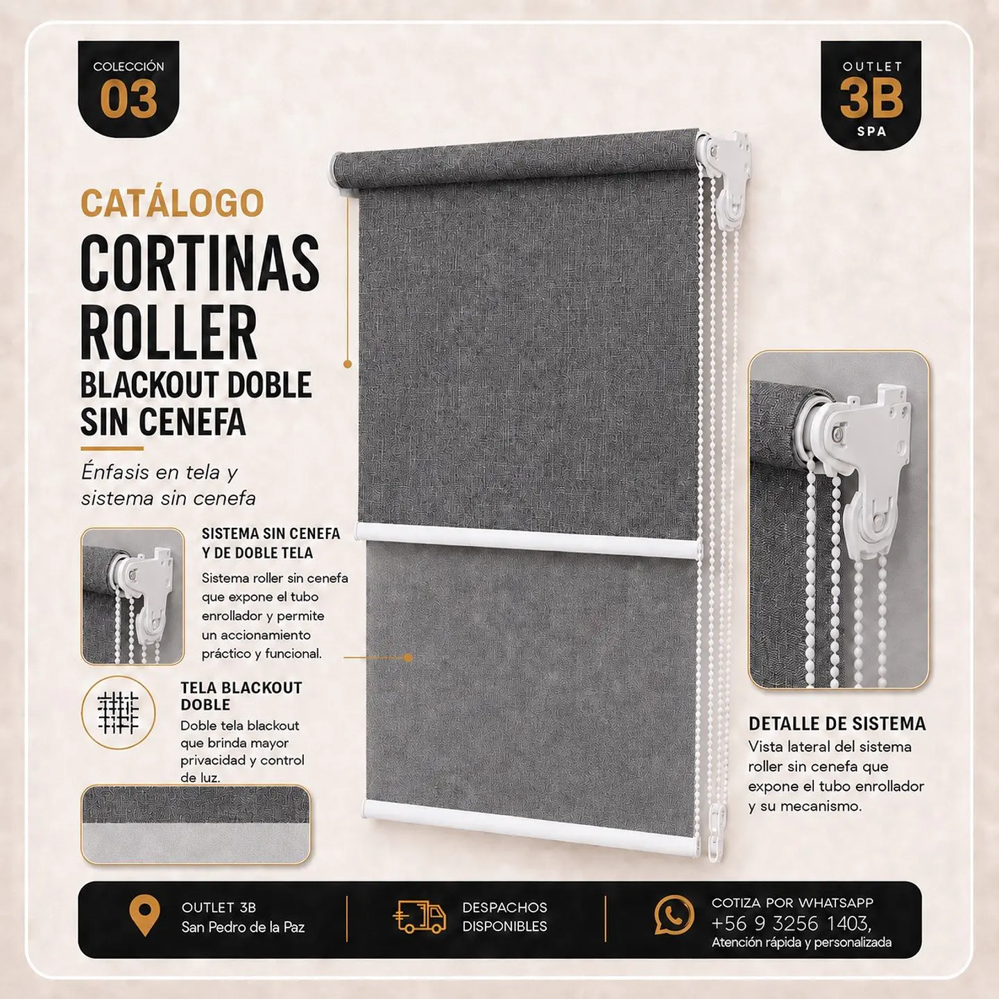 Cortina Roller Doble Blackout Gris Oscuro Sin Cenefa 1