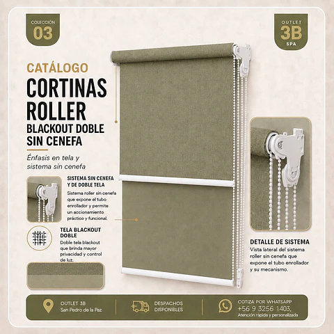 Cortina Roller Doble Blackout Kaki Sin Cenefa