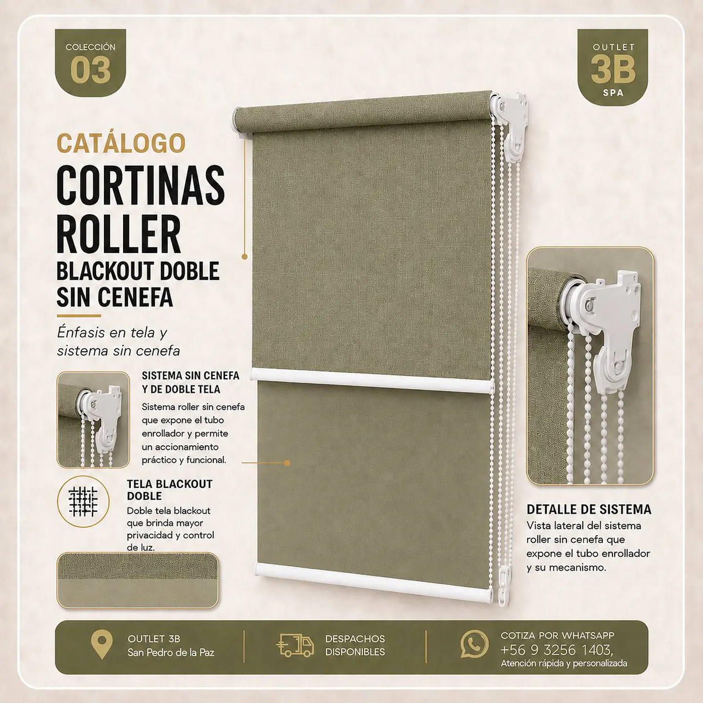 Cortina Roller Doble Blackout Kaki Sin Cenefa 1