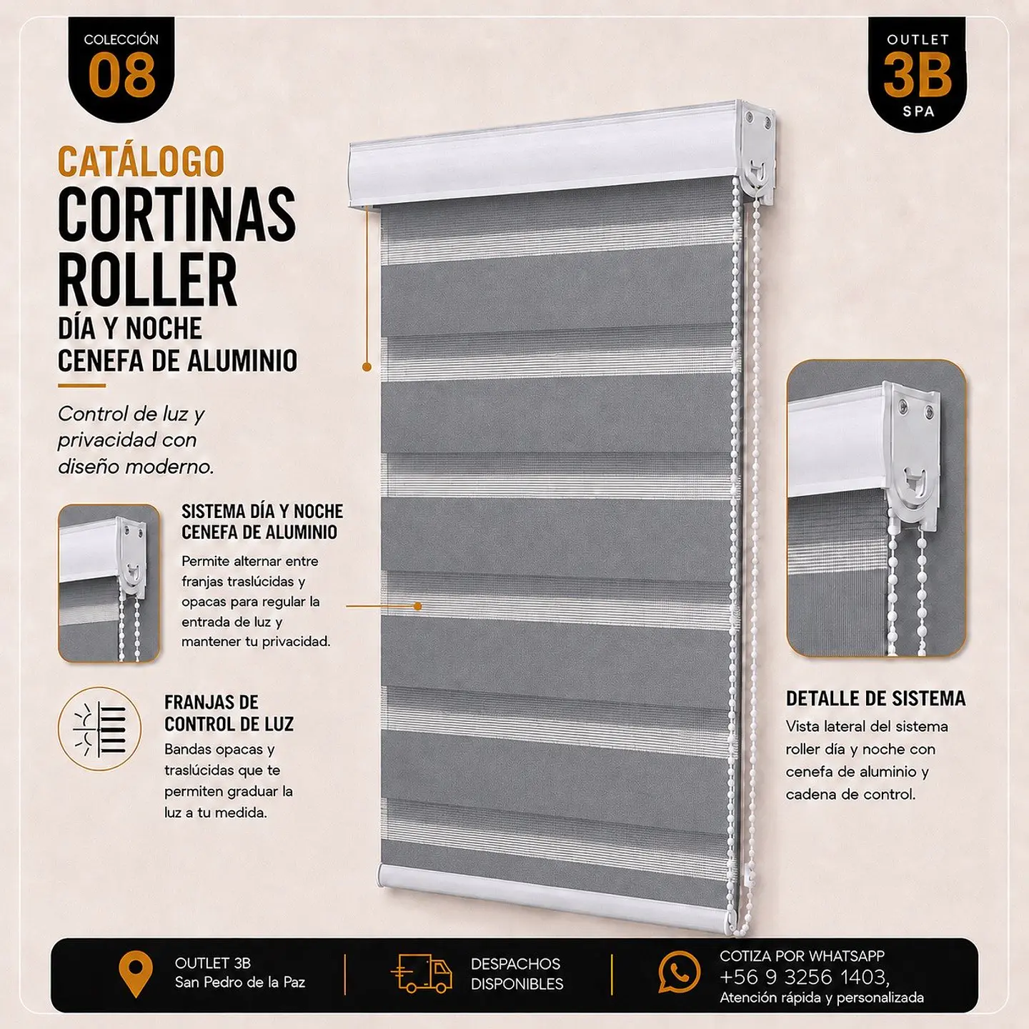 Cortina Roller Dia Y Noche Para Ventanales Color Gris 1