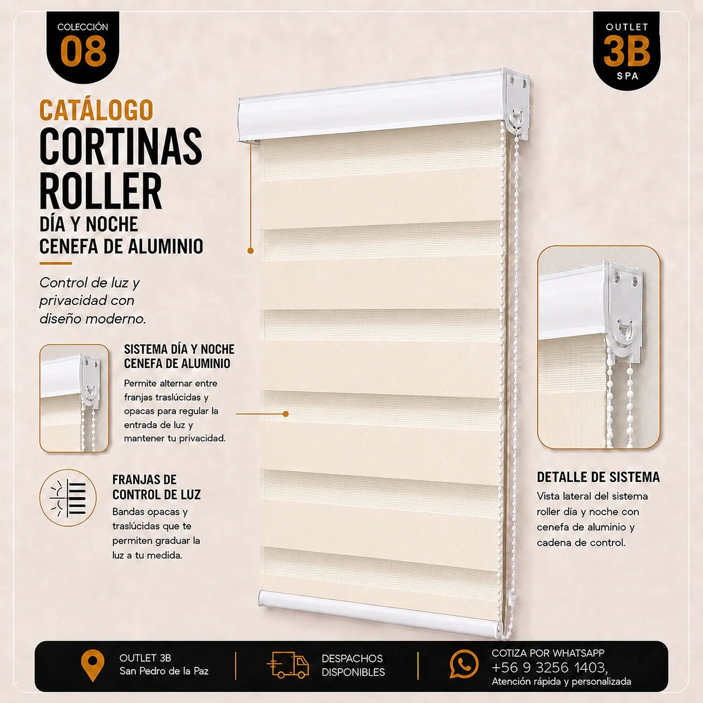 Cortina Roller Dia Y Noche Para Ventanales Color Beige 1