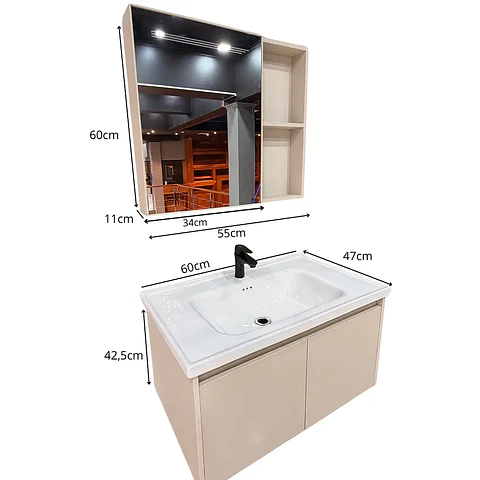 Vanitorio Flotante 60 cm Botiquín y Espejo Led Caqui