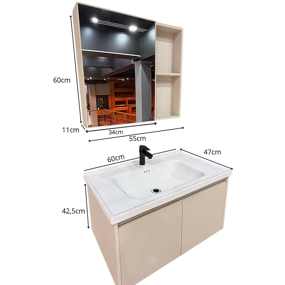 Vanitorio Flotante 60 cm Botiquín y Espejo Led Caqui 1