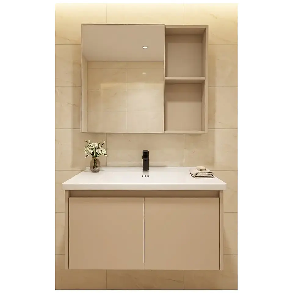 Vanitorio Flotante 60 cm Botiquín y Espejo Led Caqui 2