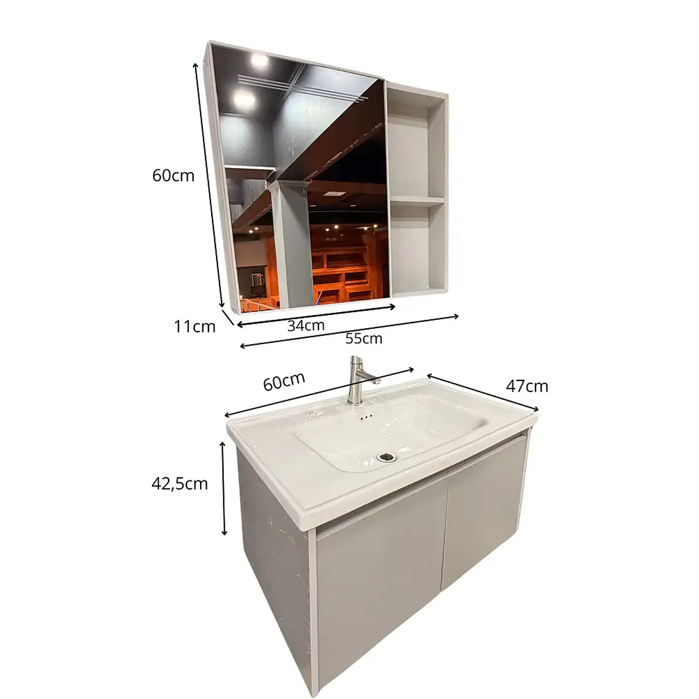 Vanitorio Flotante 60 cm Botiquín y Espejo Led Gris Claro 2