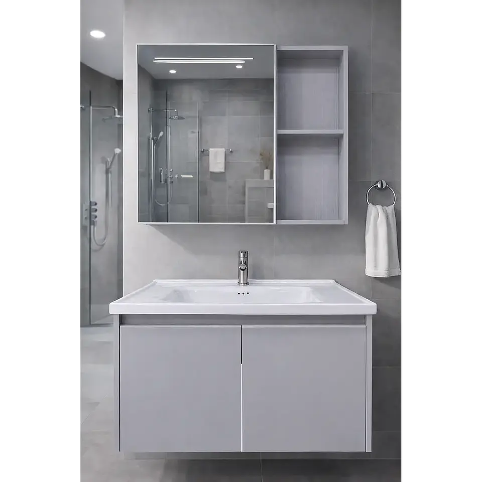 Vanitorio Flotante 60 cm Botiquín y Espejo Led Gris Claro 5