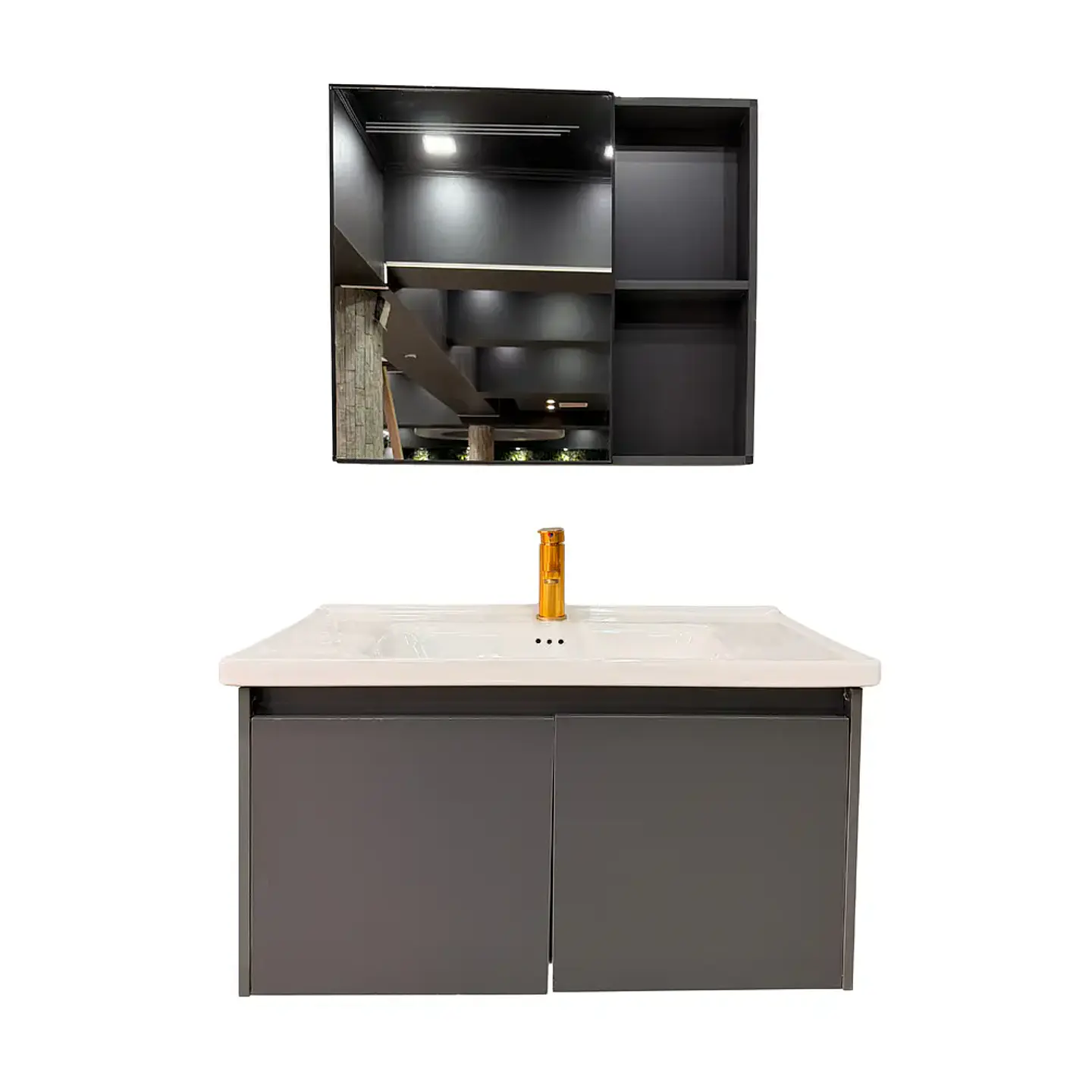 Vanitorio Flotante 60 cm Botiquin y Espejo Led Gris Oscuro 3