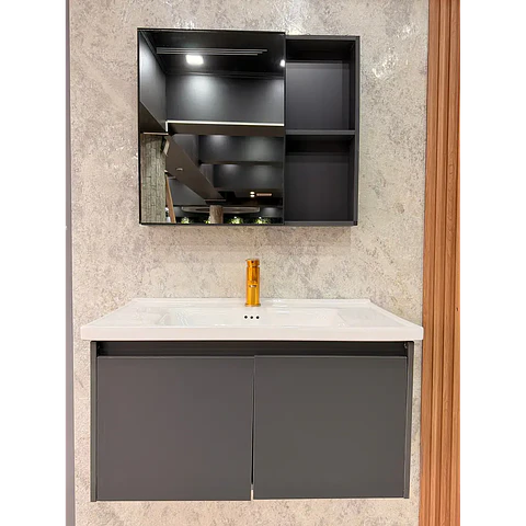 Vanitorio Flotante 60 cm Botiquin y Espejo Led Gris Oscuro