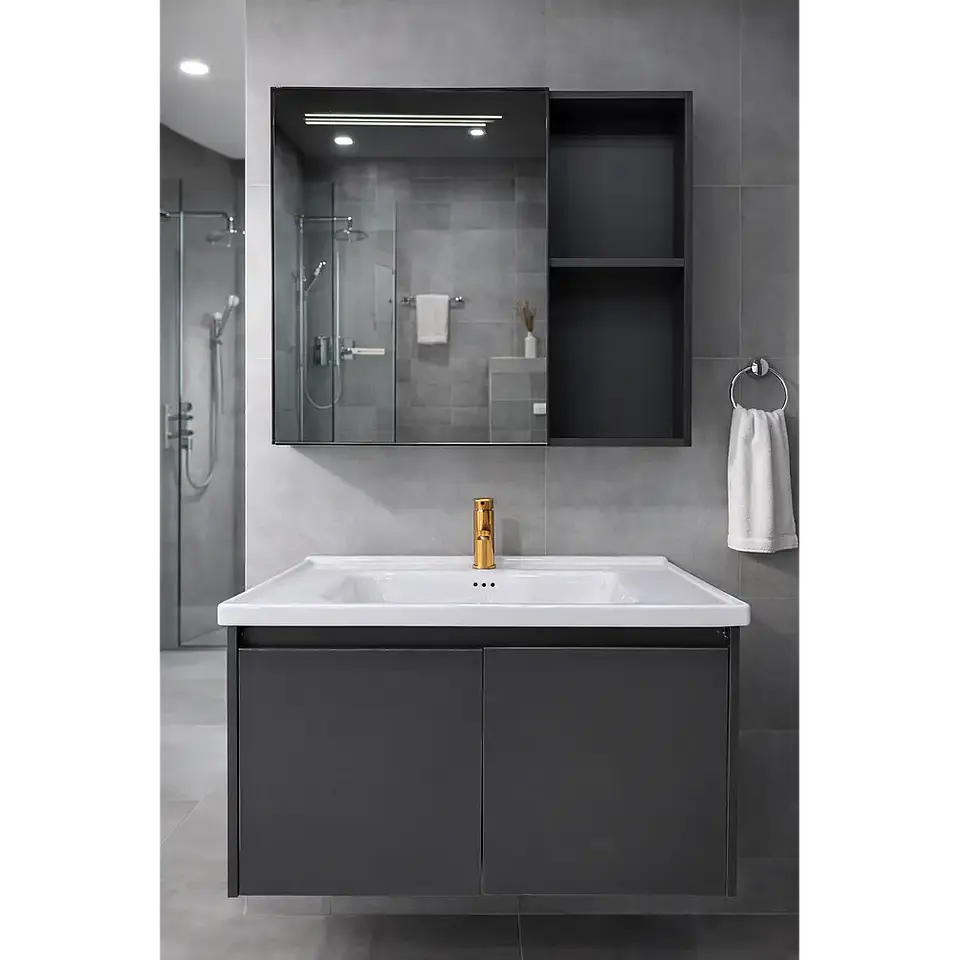 Vanitorio Flotante 60 cm Botiquin y Espejo Led Gris Oscuro 5