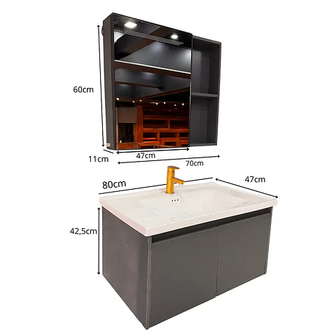 Vanitorio Flotante 80 cm Botiquín y Espejo Led Gris Oscuro