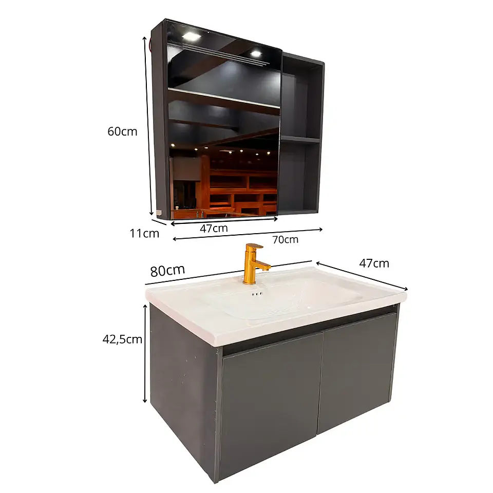 Vanitorio Flotante 80 cm Botiquín y Espejo Led Gris Oscuro 1
