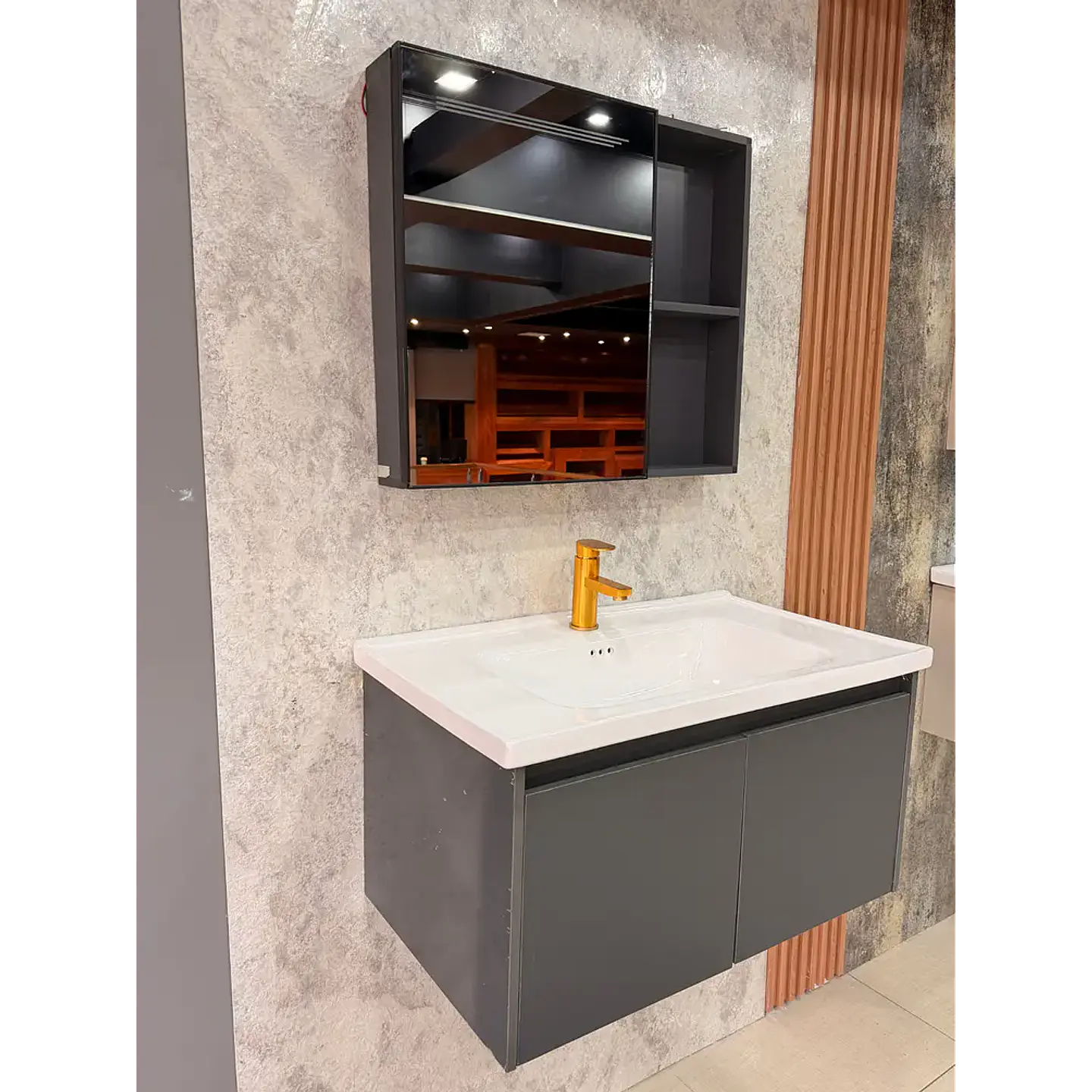Vanitorio Flotante 80 cm Botiquín y Espejo Led Gris Oscuro 3