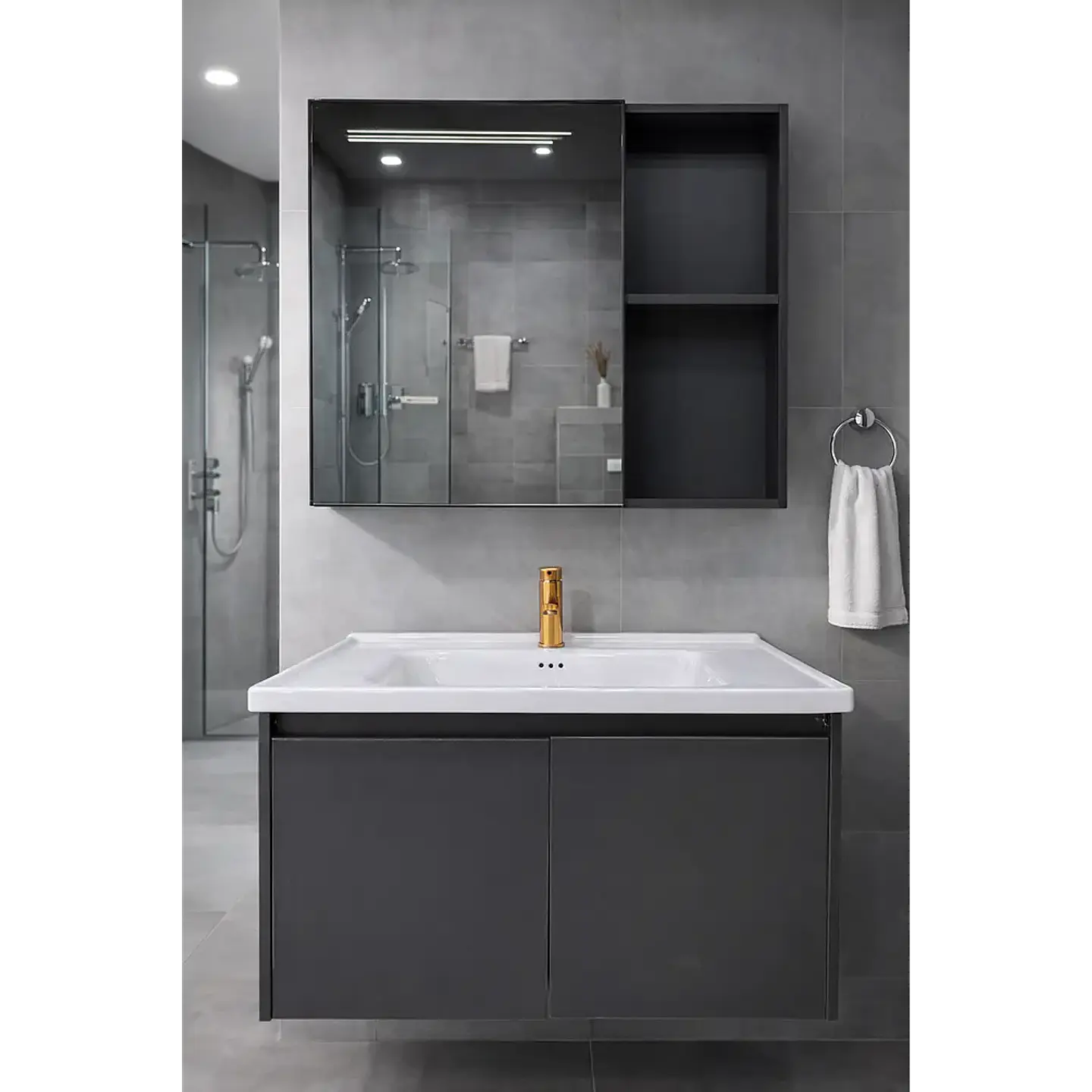 Vanitorio Flotante 80 cm Botiquín y Espejo Led Gris Oscuro 5