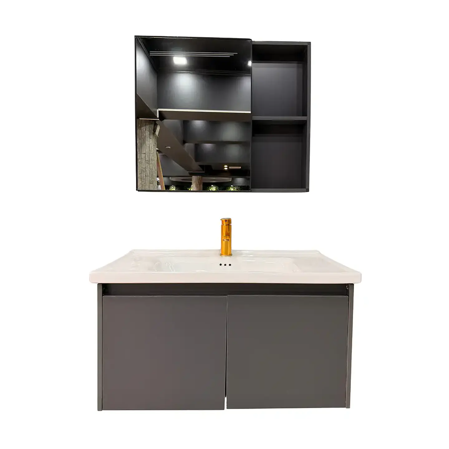 Vanitorio Flotante 80 cm Botiquín y Espejo Led Gris Oscuro 6