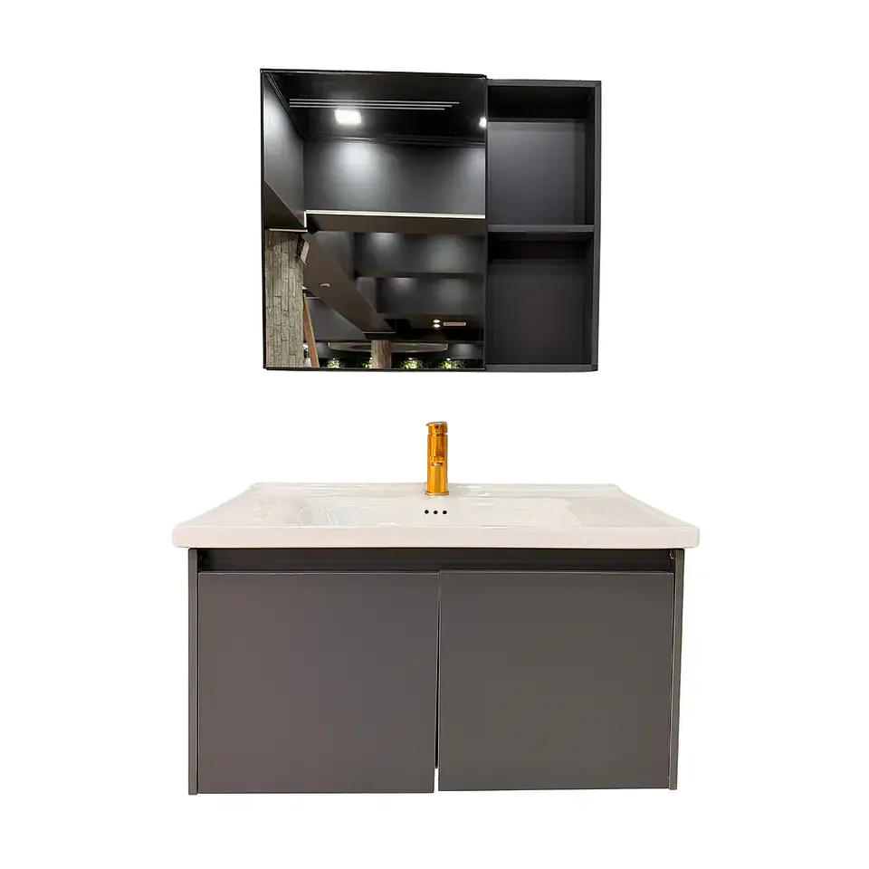 Vanitorio Flotante 80 cm Botiquín y Espejo Led Gris Oscuro 6