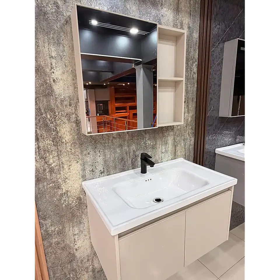 Vanitorio Flotante 80 cm Botiquín y Espejo Led Caqui 2