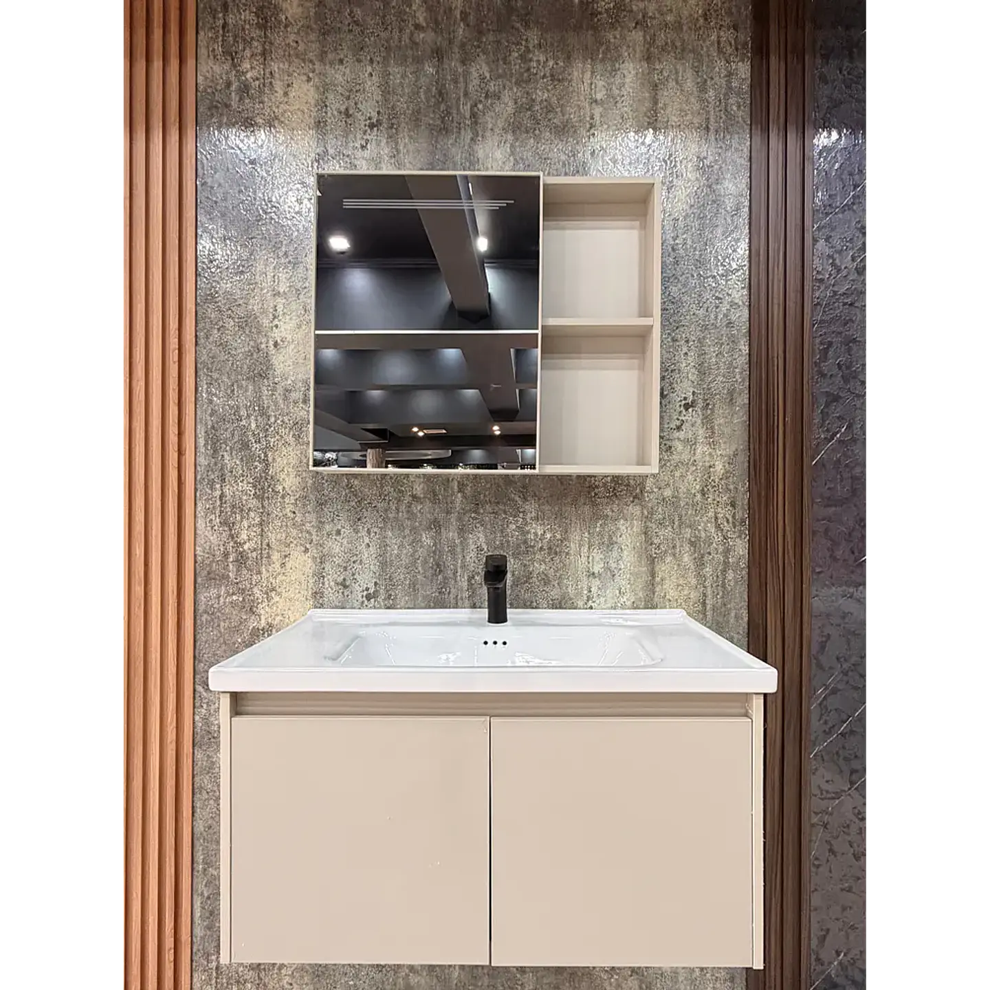 Vanitorio Flotante 80 cm Botiquín y Espejo Led Caqui 3