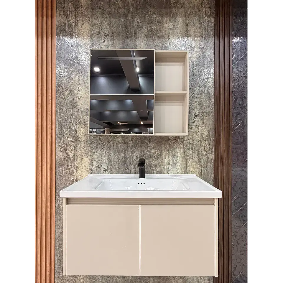 Vanitorio Flotante 80 cm Botiquín y Espejo Led Caqui 3