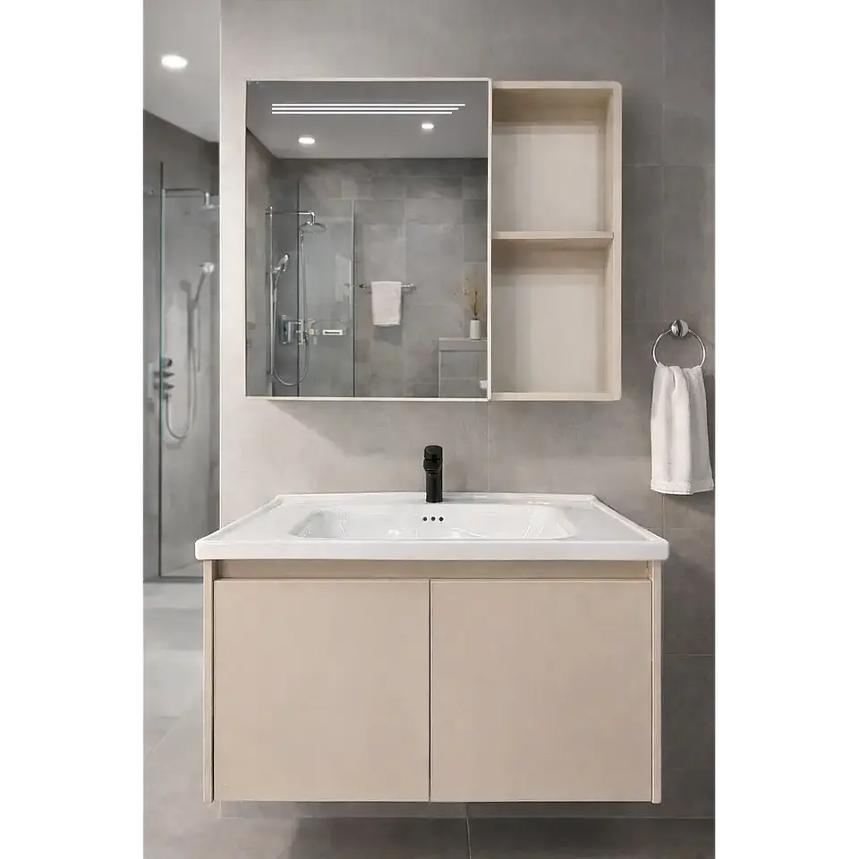 Vanitorio Flotante 80 cm Botiquín y Espejo Led Caqui 4