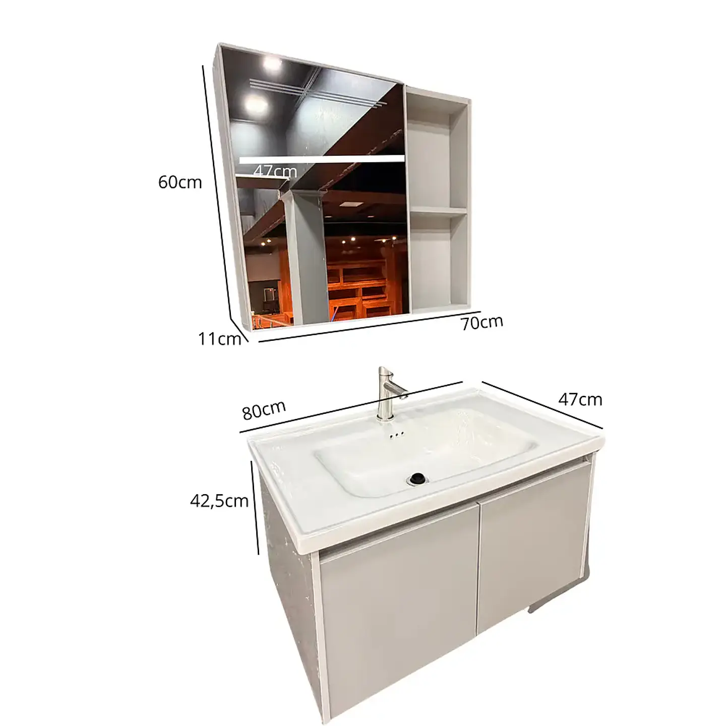 Vanitorio Flotante 80 cm Botiquín y Espejo Led Gris Claro 4