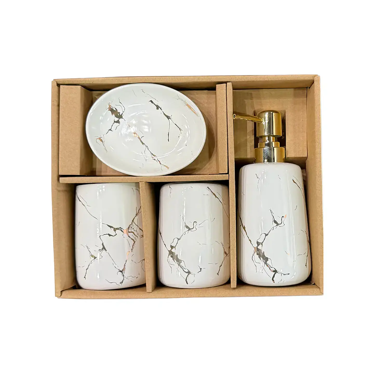 Set Accesorios de Baño 4 Piezas Cerámica Blanco Marmoleado – Dispensador y Porta Cepillos 3