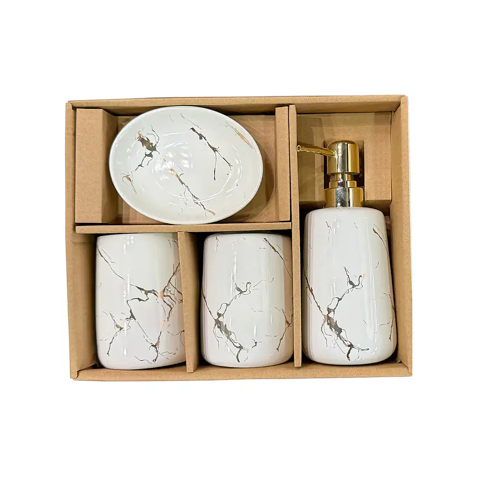 Set Accesorios de Baño 4 Piezas Cerámica Blanco Marmoleado – Dispensador y Porta Cepillos 3