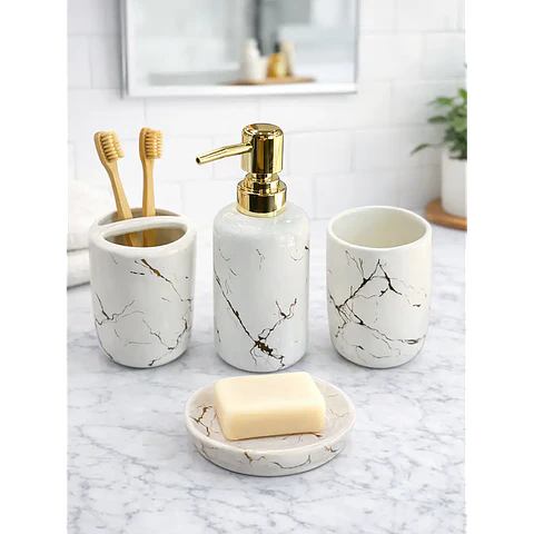 Set Accesorios de Baño 4 Piezas Cerámica Blanco Marmoleado – Dispensador y Porta Cepillos
