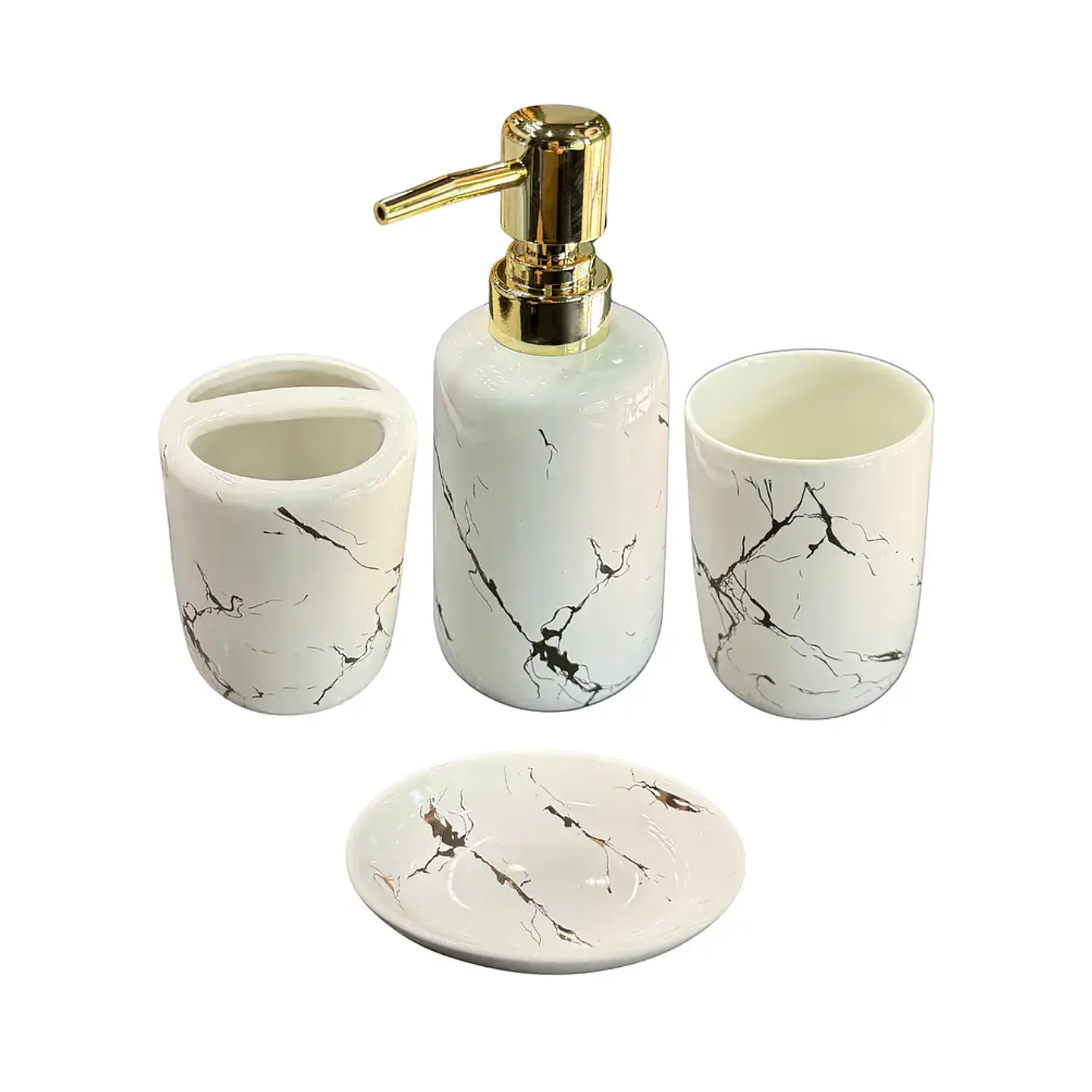 Set Accesorios de Baño 4 Piezas Cerámica Blanco Marmoleado – Dispensador y Porta Cepillos 2