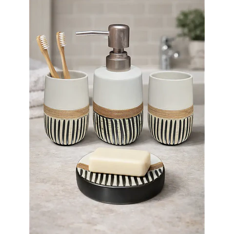 Set Accesorios de Baño 4 Piezas Cerámica Blanco y Negro Dispensador y Porta Cepillos