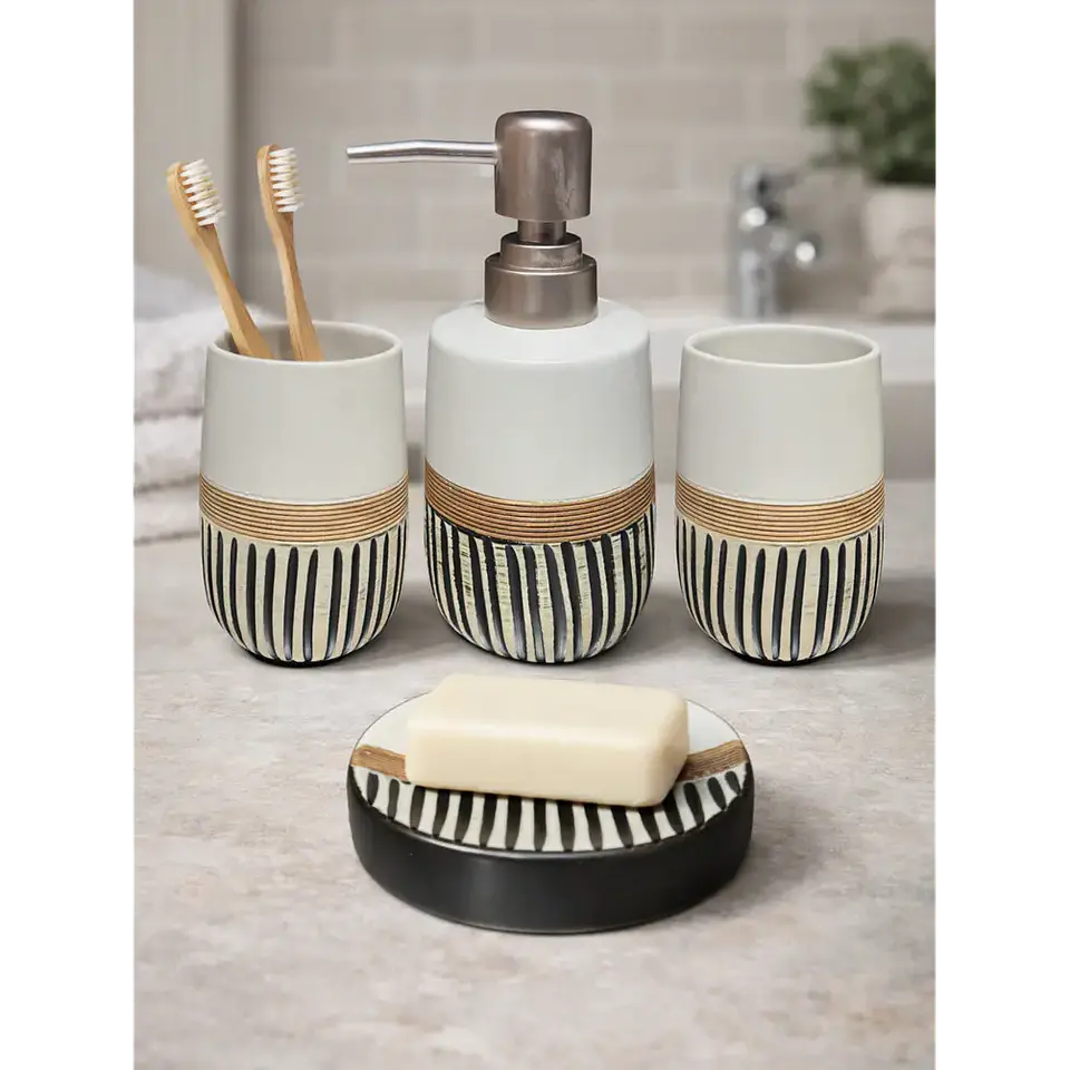 Set Accesorios de Baño 4 Piezas Cerámica Blanco y Negro Dispensador y Porta Cepillos 1