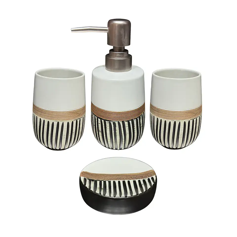 Set Accesorios de Baño 4 Piezas Cerámica Blanco y Negro Dispensador y Porta Cepillos 2
