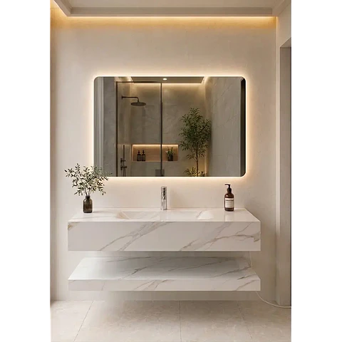 Vanitorio Flotante 100 cm con acabado Marmoleado con Espejo LED