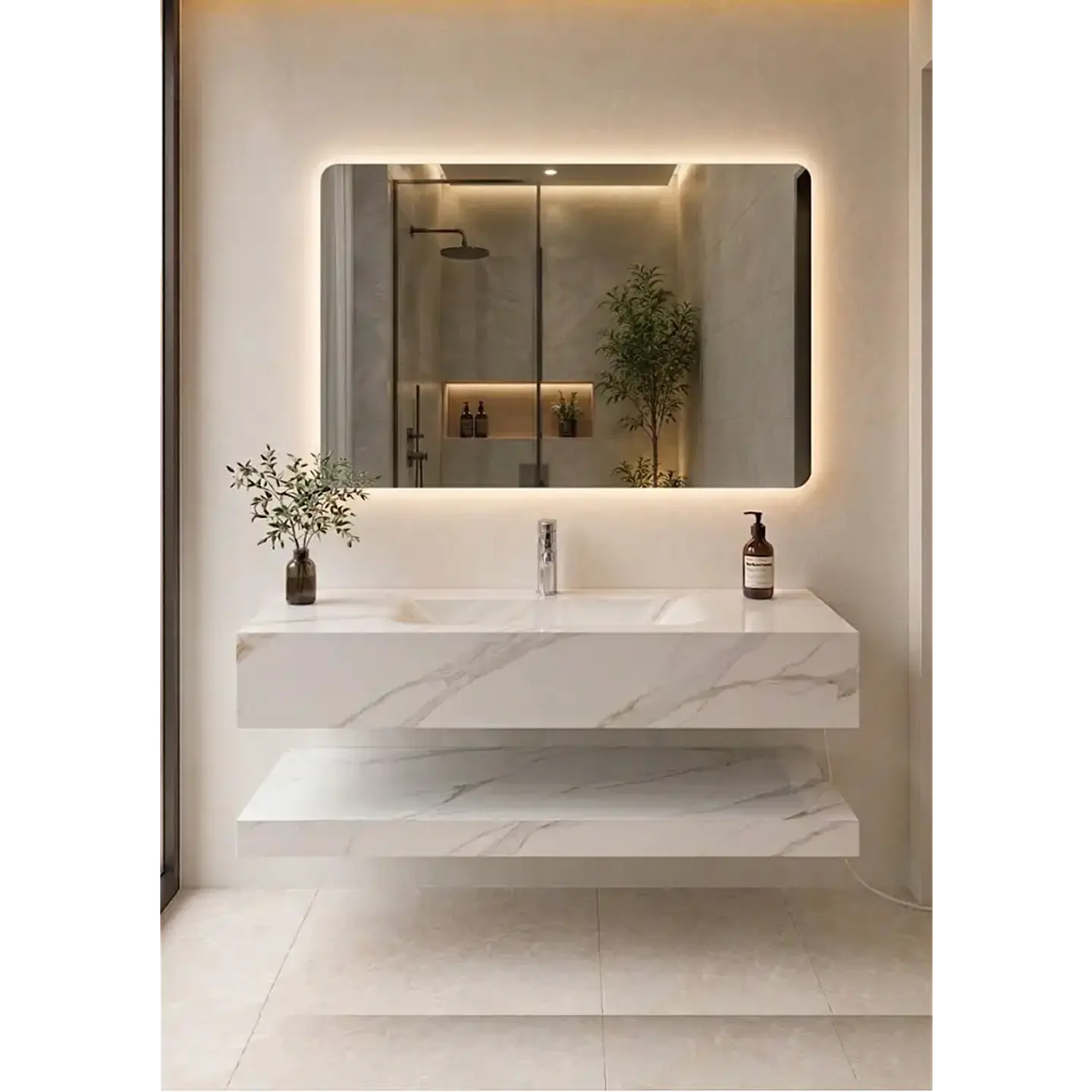 Vanitorio Flotante 100 cm con acabado Marmoleado con Espejo LED 2