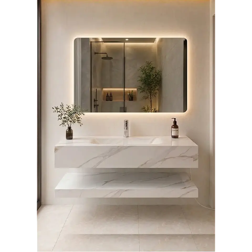 Vanitorio Flotante 100 cm con acabado Marmoleado con Espejo LED 2