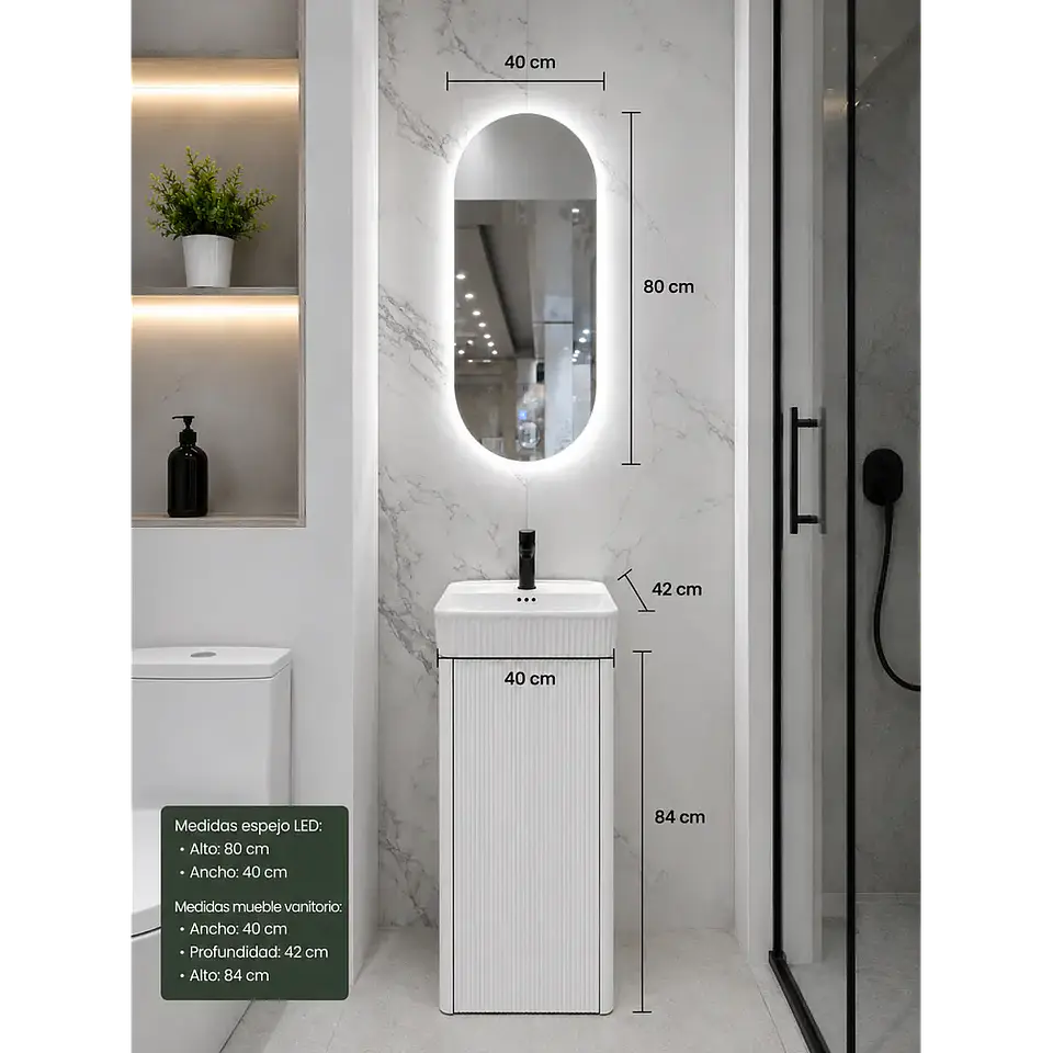 Vanitorio A Piso Completo Blanco 40 cm Con Espejo LED 3