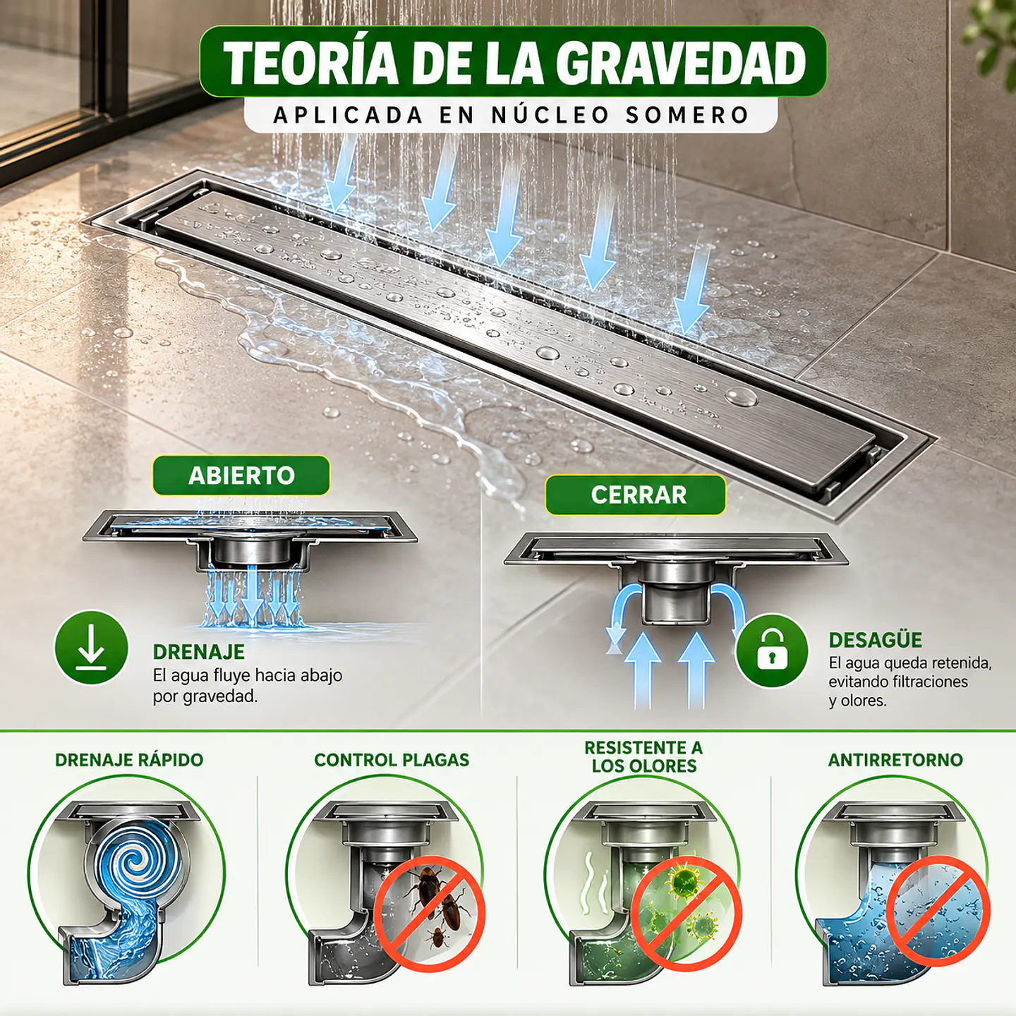 Rejilla de Desagüe Lineal para Ducha de Acero Inoxidable  Premium 30cmx10cm 2