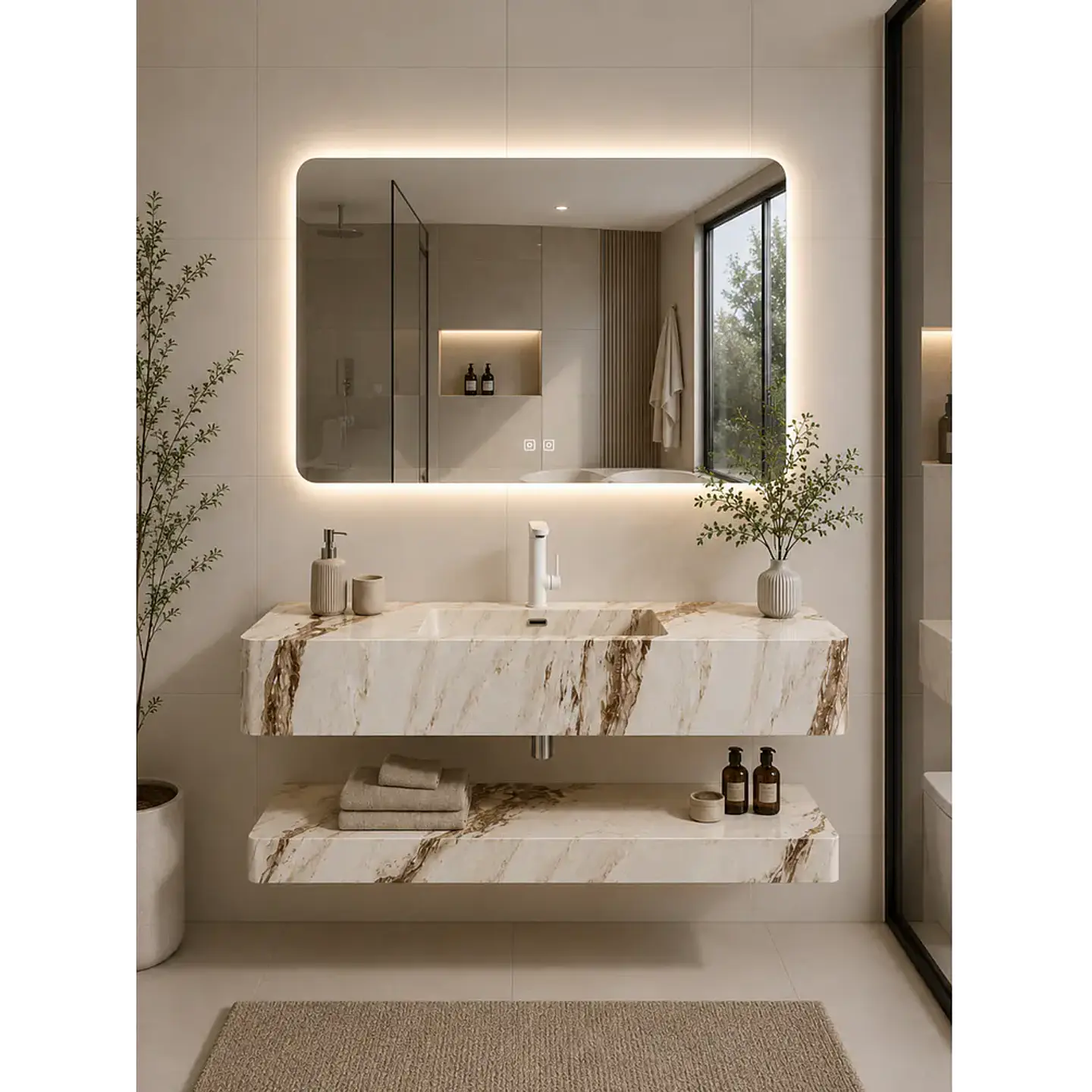 Vanitorio Flotante con Espejo LED | Lavamanos Integrado | Diseño Mármol Blanco 1
